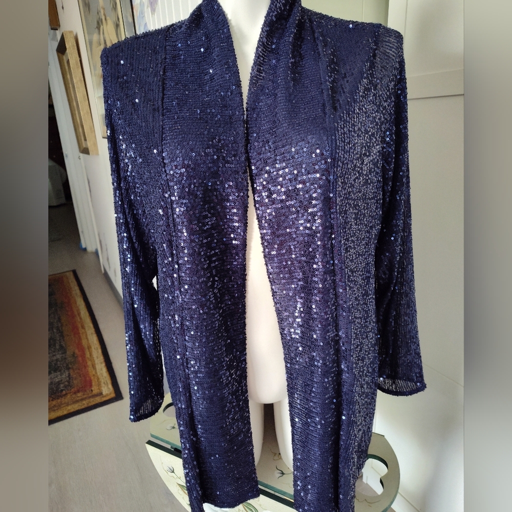 Jingle Belles by Kim Gravel Sequin Mesh Navy Open Front Cardigan Sz 1X New Tags